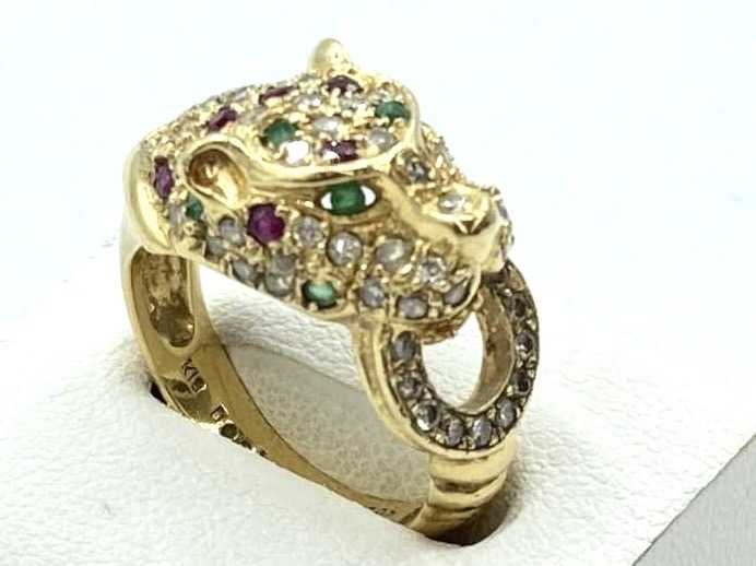 宝石買取 K18イエローゴールド台 ダイヤモンド エメラルド ルビー パンサーモチーフ リング